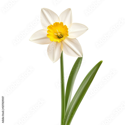 Daffodil flower isolated on a transparent background highlighting its delicate petals and vibrant yellow center in bright, natural light, dafodil flower isolated on transparent background