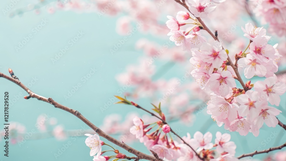 Delicate pink cherry blossom flowers on a sakura tree, set against a soft pastel blue background, creating a serene and elegant composition with gentle tones Delicate pink cherry blossom flowers on a sakura tree, set against a soft pastel blue background, creating a serene and elegant composition with gentle tones