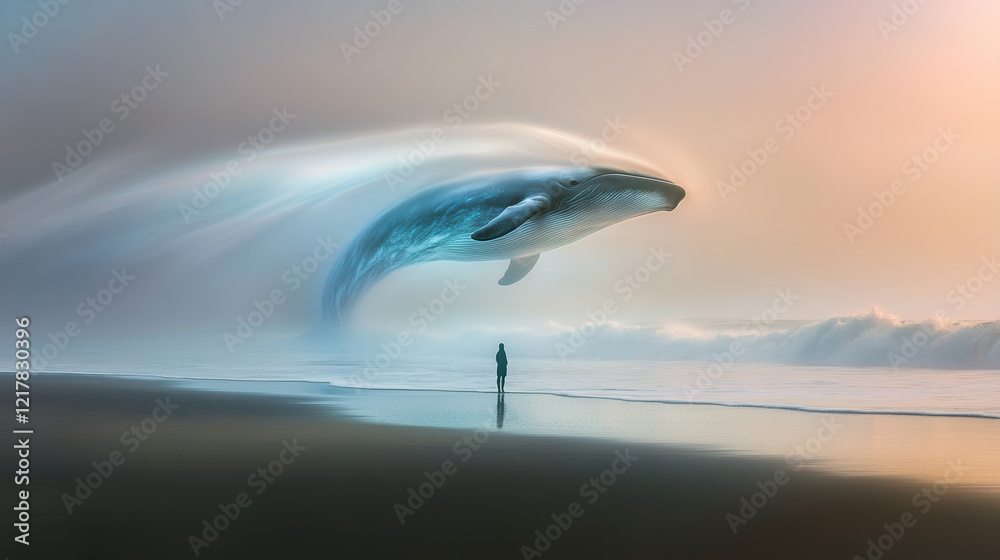 Serene and Surreal Scene of a Person on a Quiet Beach with Rising Waves and a Majestic Whale Floating Above, Glowing in Translucent Blues, Purples, and Silvers, Blurring Reality and Dream Serene and Surreal Scene of a Person on a Quiet Beach with Rising Waves and a Majestic Whale Floating Above, Glowing in Translucent Blues, Purples, and Silvers, Blurring Reality and Dream