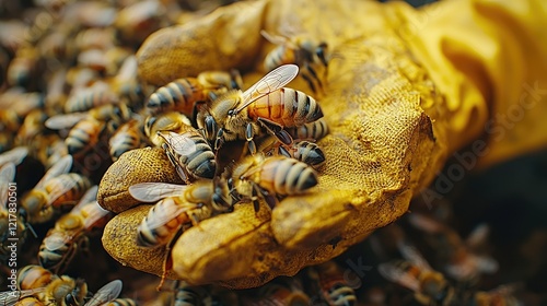 A gloved hand gently holds a swarm of honeybees photo