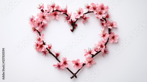 A heart shape created with pink blossoms and branches, symbolizing love and nature.