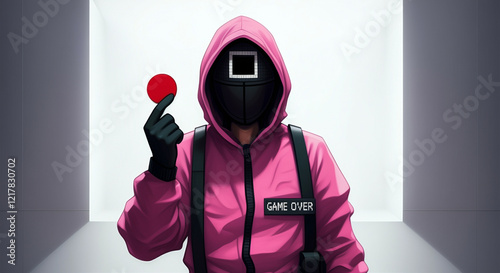 masked figure in pink hoodie holding circle in game environment showcasing culture and tension
