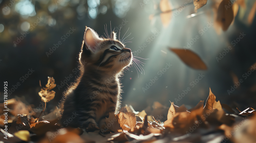 Obraz premium Kitten in the sun. Kitten, forest, blurry, background autumn, leaves, trees, light. Autumn leaves lit up in the trees. A blurry background of trees and leaves in the forest in lifestyle kitten.