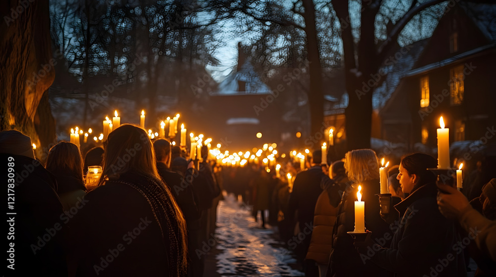 Candlelit Procession: A stunning image of a candlelit procession with people carrying flickering candles, illuminating a dark winter evening during Candlemas Day Candlelit Procession: A stunning image of a candlelit procession with people carrying flickering candles, illuminating a dark winter evening during Candlemas Day
