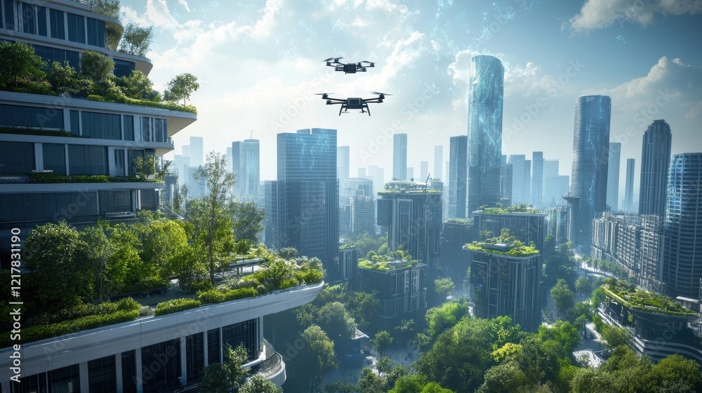 Obraz premium Two drones flying over a futuristic green city with sustainable rooftop gardens, showcasing innovative urban development and eco friendly technology