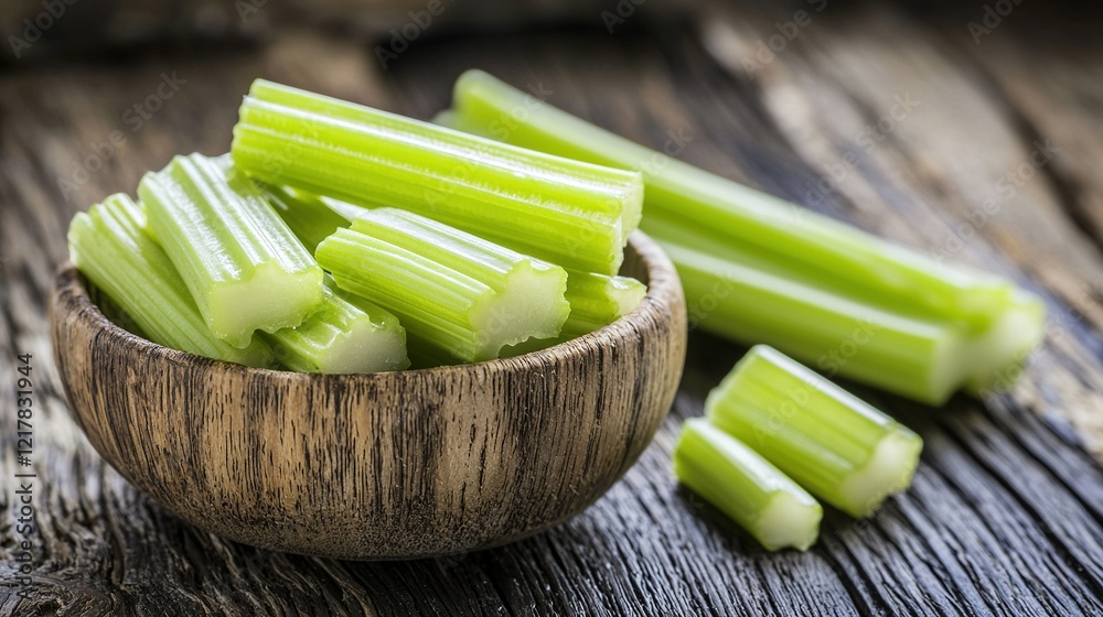 A wooden bowl brimming with celery sits atop a wooden table adjacent to a mound of chopped celery A wooden bowl brimming with celery sits atop a wooden table adjacent to a mound of chopped celery
