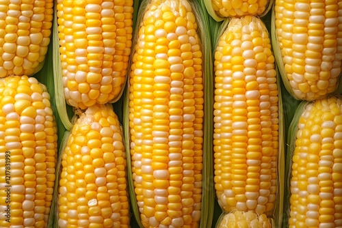 Rows of freshly harvested corn cobs display bright yellow and white kernels, ready for sale at a local market. Generative AI photo