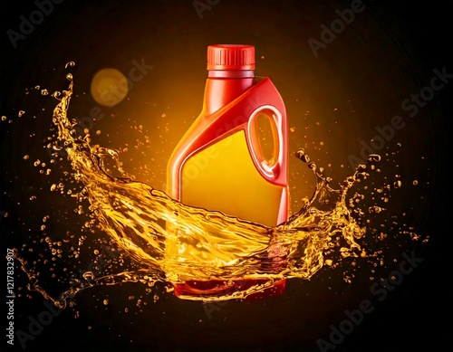 Realistic car engine motor oil bottle with liquid splash