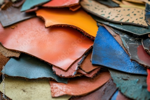 Close-up of vibrant leather scraps in cobbler's workshop, detailed textures and traditional tools, dynamic focus on resourcefulness and creativity photo