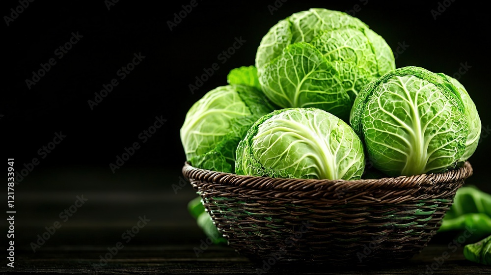 Fototapeta premium A wooden table holds a basket brimming with lettuce beside a lush leafy plant
