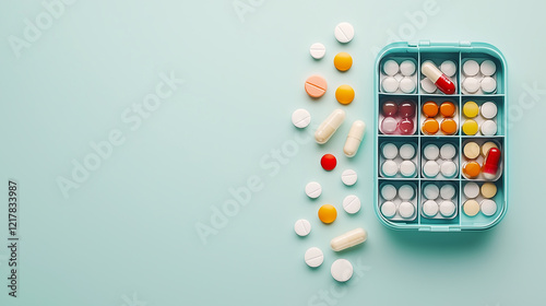 pill organizer with colorful medications and scattered pills on a mint-green background