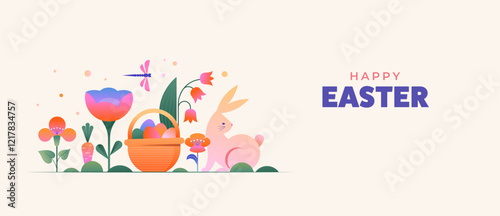 Happy Easter, Modern flat design with flowers, eggs and bunnies, pastel colors