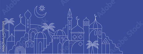Ramadan Kareem background in line art style. Modern Islamic greeting card template and wallpaper design. Poster and media banner illustration
