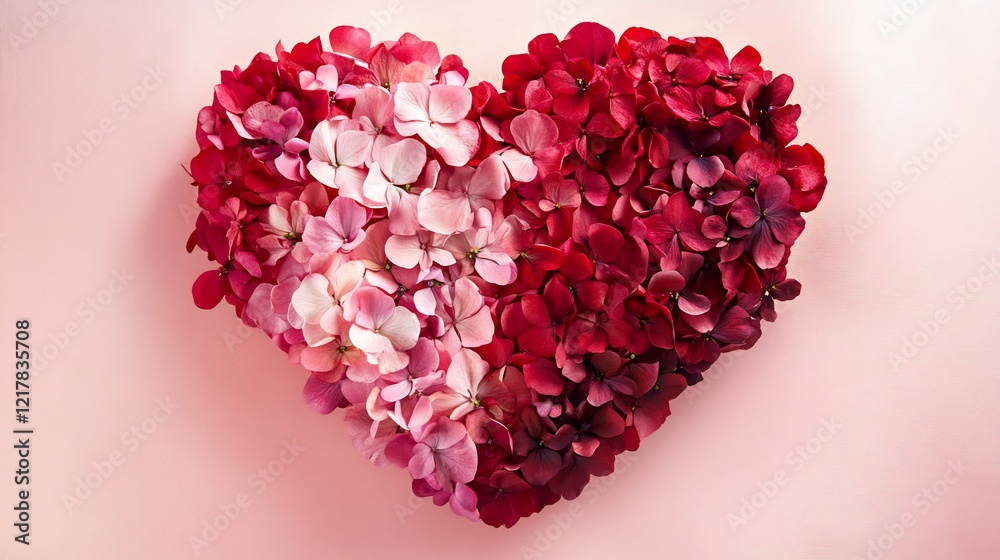 Heart shaped flower bouquet with petals in shades of red and pink on a soft pink background for Valentines Day Heart shaped flower bouquet with petals in shades of red and pink on a soft pink background for Valentines Day