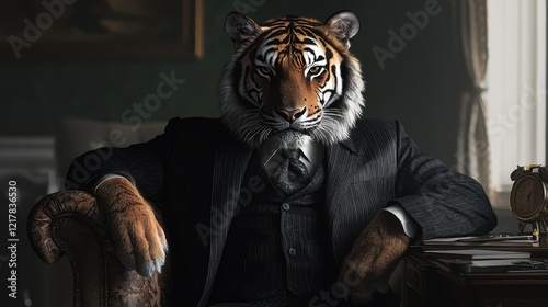 A distinguished tiger in a formal suit sits confidently, exuding an aura of sophistication and power in a richly decorated room.