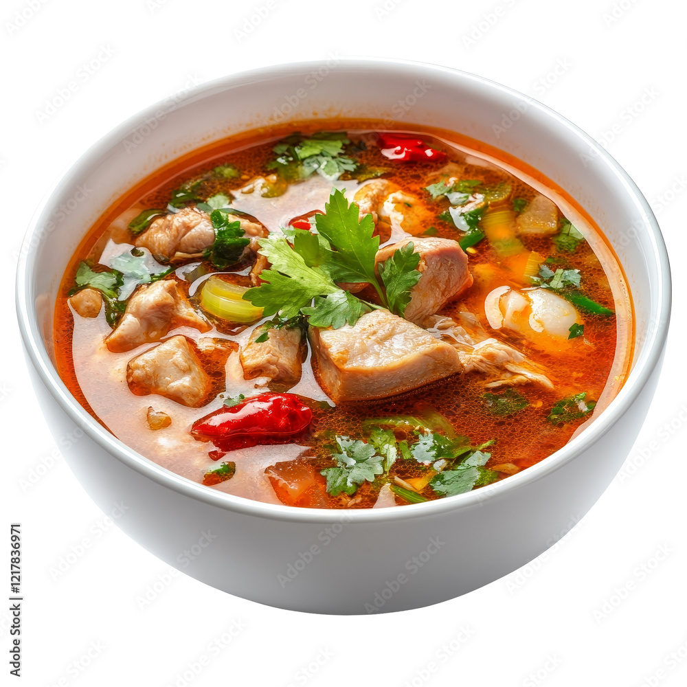 Delicious hot and spicy pork soup served in a transparent bowl, bursting with flavor and garnished with fresh cilantro, hot and spicy soup with pork isolated on transparent background Delicious hot and spicy pork soup served in a transparent bowl, bursting with flavor and garnished with fresh cilantro, hot and spicy soup with pork isolated on transparent background
