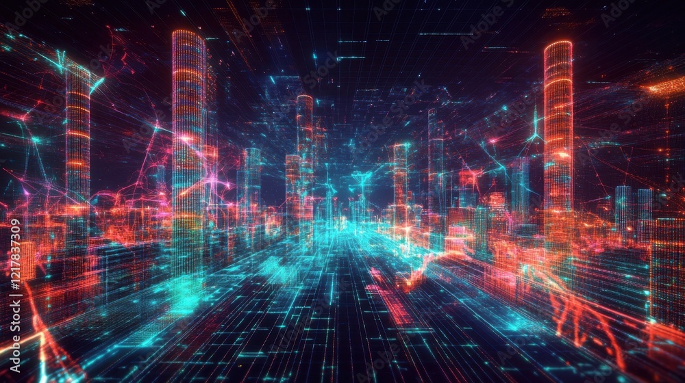 Digital data is flowing through a futuristic smart city, connecting buildings and infrastructure in a vibrant display of technological advancement Digital data is flowing through a futuristic smart city, connecting buildings and infrastructure in a vibrant display of technological advancement