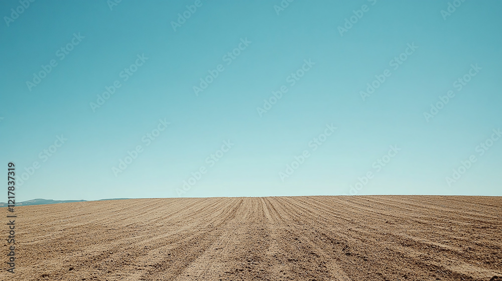 Fototapeta premium A panoramic view of a freshly plowed field stretching under a bright, clear sky, framed by rolling hills in the distance, embodying farming, cultivation, and the beauty of rural landscapes.