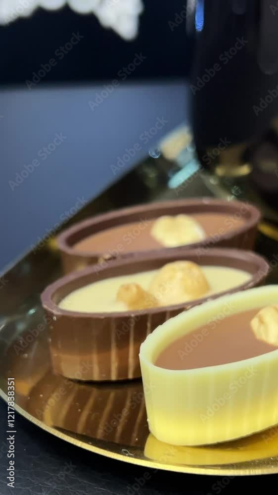 A vibrant assortment of colorful, handcrafted chocolates and sweets, arranged on a gold tray. The variety includes red, green, and dark chocolates, each with unique shapes and textures, creating a fes