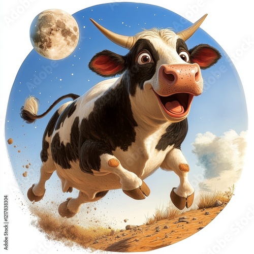 Wallpaper Mural Cartoon Cow Leaping Over Moon, whimsical design featuring a playful cow soaring against a crisp white backdrop, vibrant and engaging illustration Torontodigital.ca