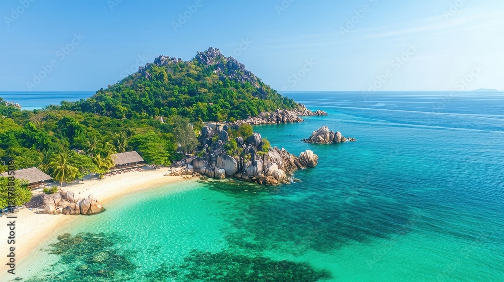 Fototapeta premium A stunning tropical beach scene featuring clear turquoise waters, lush greenery, and rocky formations, perfect for a serene getaway.