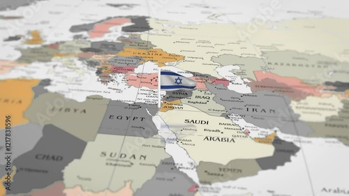 The camera rotating around Israel on the world map takes the focus. Israel flag waving on the map 4K Animation.