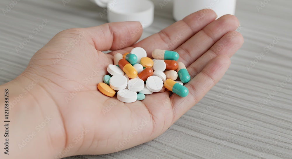 Hand Holding Colorful Pills and Capsules: Concept of Medication Abundance and Variety Hand Holding Colorful Pills and Capsules: Concept of Medication Abundance and Variety