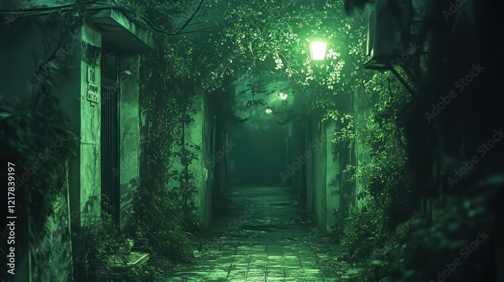 Obraz premium Dark, mysterious alley at night, overgrown with vegetation.