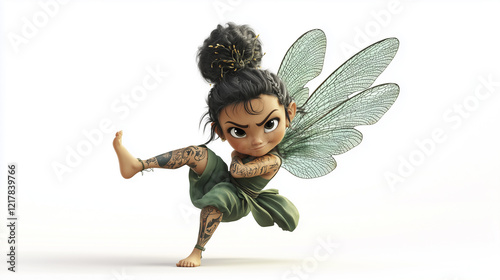 An animated image of fairy. Girl, kung, fu, cartoon green, , white, wings. White suit with green wings and green suit. Girl in a suit and a kung fu suit is kung fu with white wings. Lifestyle the.