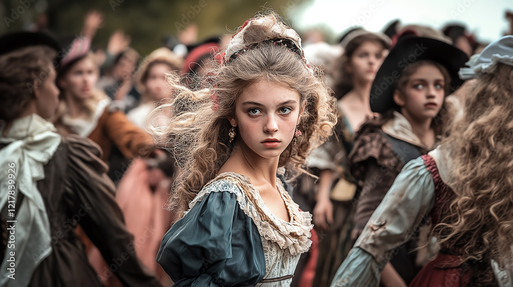 A striking close-up of a woman in period clothing shouting fervently among a furious crowd, capturing themes of revolt, disorder, and raw, powerful emotion. A striking close-up of a woman in period clothing shouting fervently among a furious crowd, capturing themes of revolt, disorder, and raw, powerful emotion.