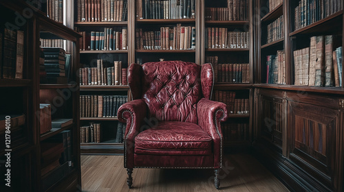 A luxurious red leather armchair placed in the center of a traditional library filled with antique books, evoking a timeless atmosphere of sophistication and history.