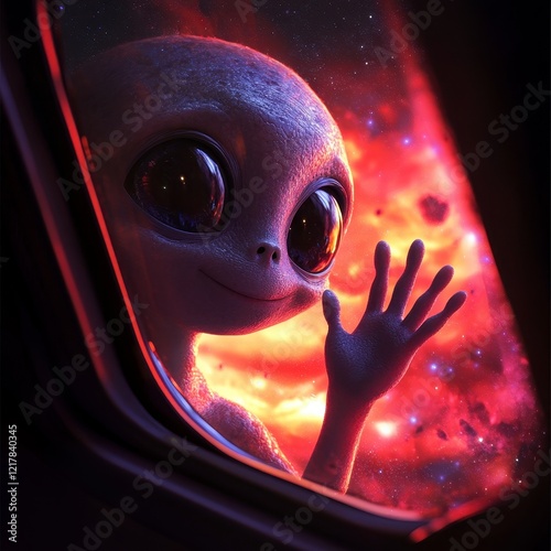 Cheerful Alien Greeting from Spaceship, vibrant cosmic scenery, whimsical design, playful character, inviting atmosphere, imaginative space exploration photo