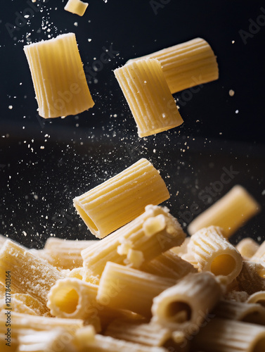 falling dry uncooked rigatoni noodles, food photograph