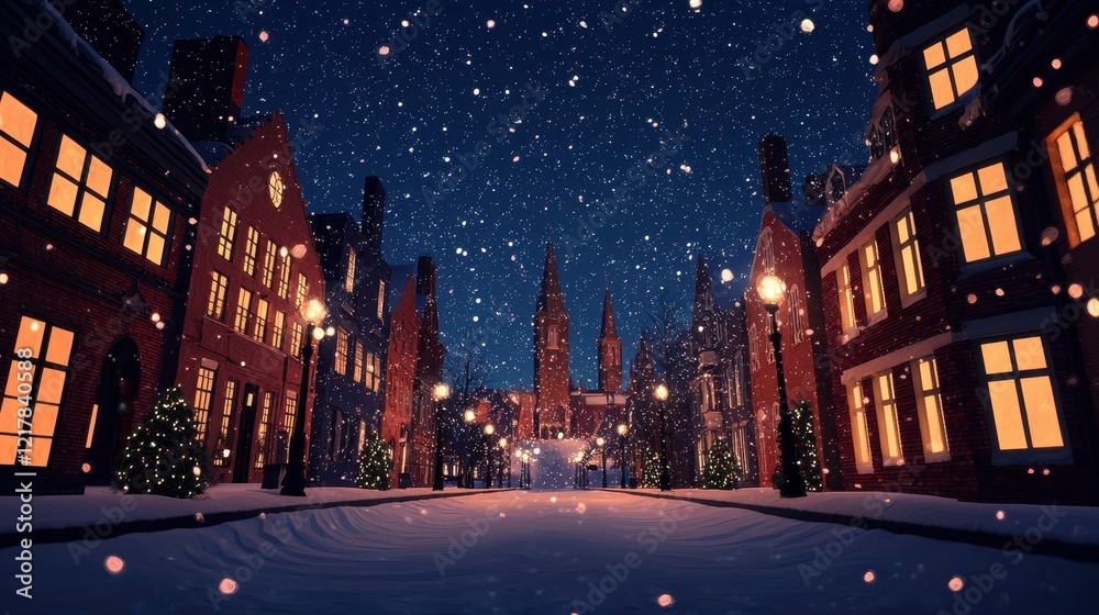 A snowy street scene at night, illuminated by street lamps, showcasing charming buildings and festive decorations, capturing the essence of winter magic. A snowy street scene at night, illuminated by street lamps, showcasing charming buildings and festive decorations, capturing the essence of winter magic.