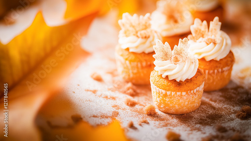 Billede på lærred Mini pumpkin cupcakes with cinnamon cream and sugar leaves