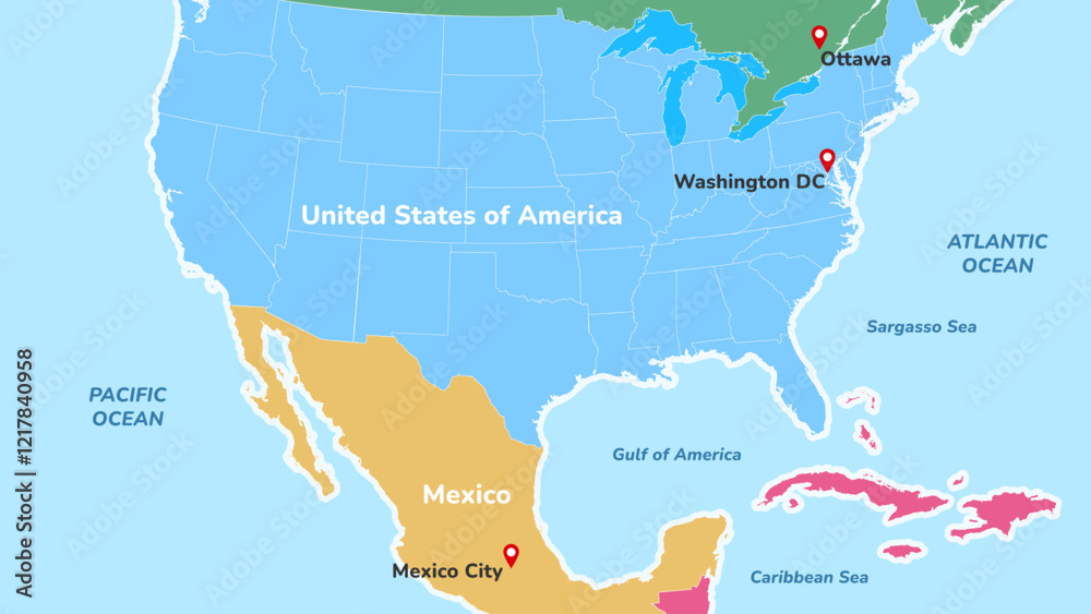 Fototapeta premium Gulf of America. North America map with countries Mexico and United States with borders. Map of US states and Gulf of America. Vector illustration.