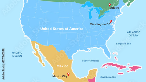 Gulf of America. North America map with countries Mexico and United States with borders. Map of US states and Gulf of America. Vector illustration.