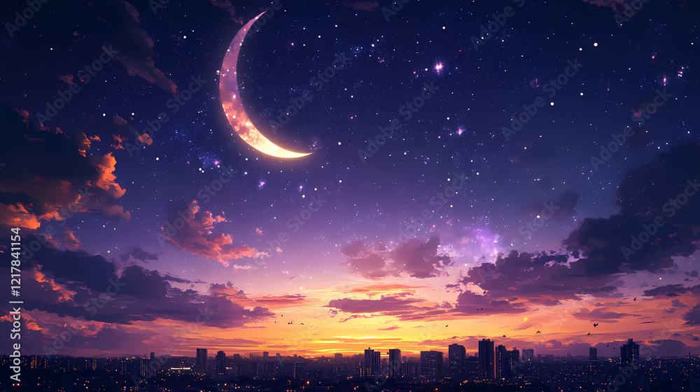 Naklejka premium Night cityscape under a starry sky and crescent moon. Stellar Horizon. Illustration