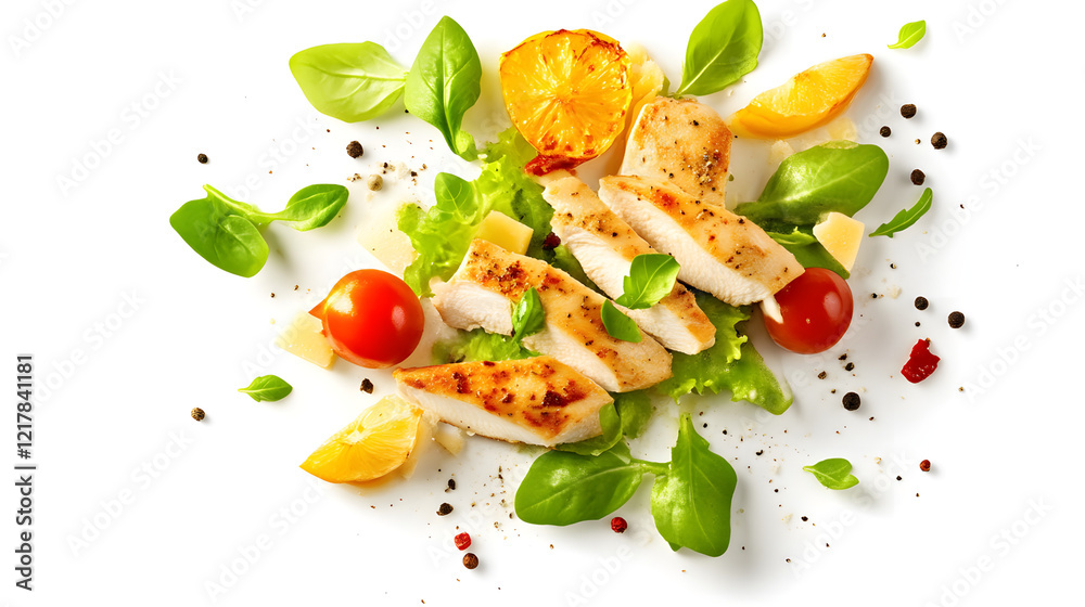 Gourmet Healthy Salad with Grilled Chicken and Fresh Vegetables on a White Plate Gourmet Healthy Salad with Grilled Chicken and Fresh Vegetables on a White Plate