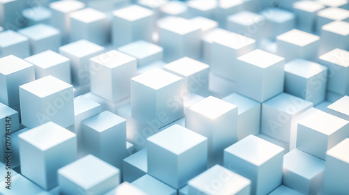 A white city with cube-shaped buildings, 3D rendered in an isometric view, minimalistic bright tones, modern aesthetic, with blurred background and empty space for caption on the side

