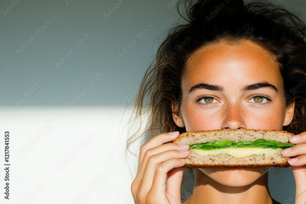 A woman is holding a sandwich in her mouth A woman is holding a sandwich in her mouth