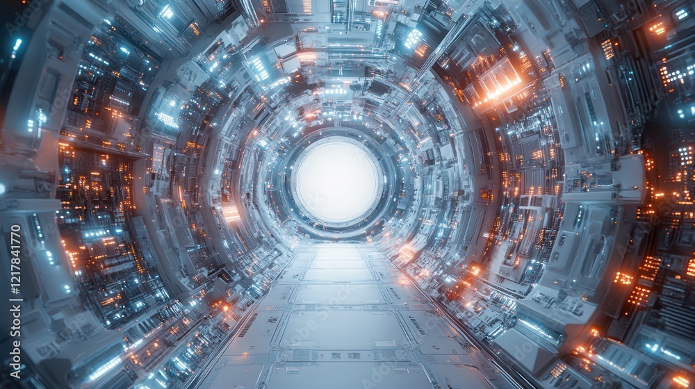 Obraz premium Futuristic Spaceship Corridor: A Journey Through Neon Lights and Chrome