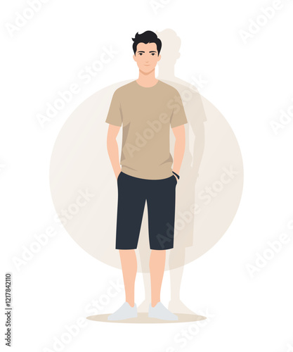Flat vector illustration of a man in a beige T-shirt and black shorts. The faceless figure stands in a relaxed pose with a clean, minimalist design and a casual summer feel.