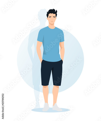 Flat vector illustration of a man in a light blue T-shirt and black shorts. The faceless figure stands in a relaxed posture with a minimalist and summery vibe.