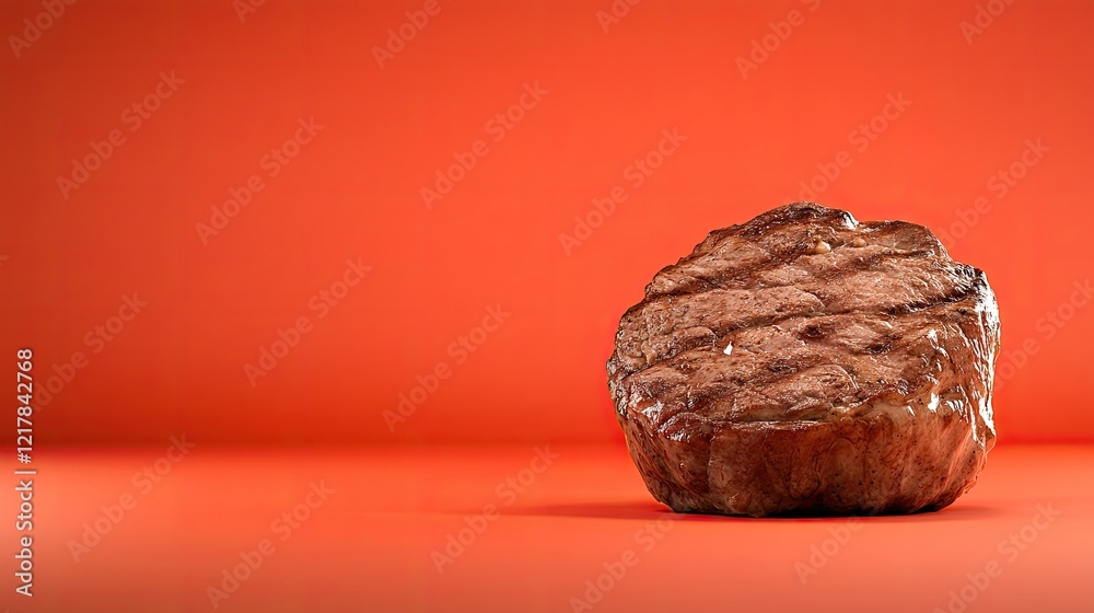 Close Up of a Juicy Grilled Beef Patty on Vibrant Orange Background Close Up of a Juicy Grilled Beef Patty on Vibrant Orange Background
