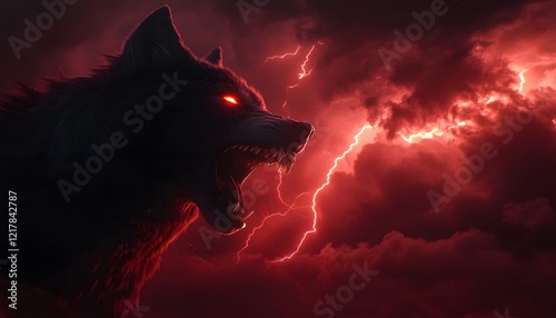 A Fierce Red Eyed Wolf Howls In A Stormy Sky
