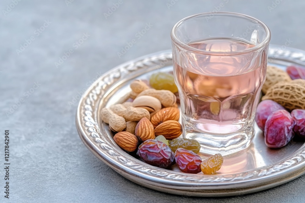 Silver tray presenting nuts, dry fruits, and a glass of pink refreshing drink, capturing the essence of ramadan traditions Silver tray presenting nuts, dry fruits, and a glass of pink refreshing drink, capturing the essence of ramadan traditions