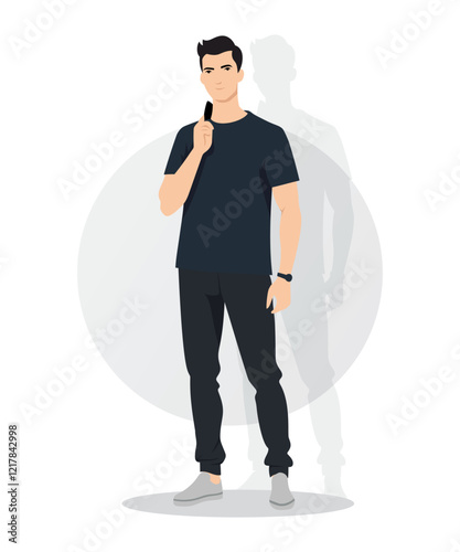 Flat vector illustration of a man in a dark blue T-shirt and black pants. The faceless figure stands in a casual, minimalist style with a modern vibe.