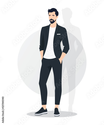 Flat vector illustration of a stylish man in a black jacket and casual pants. The faceless figure stands confidently in a modern, minimalist style.