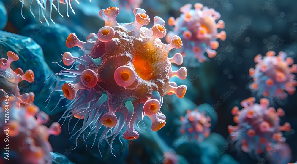 Microscopic view of viral cell structure with distinctive coral-colored spikes against blue background, perfect for medical education and scientific visualization purposes. Microscopic view of viral cell structure with distinctive coral-colored spikes against blue background, perfect for medical education and scientific visualization purposes.